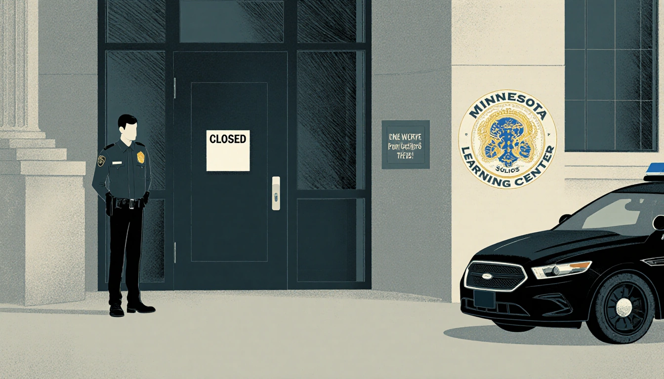 Minnesota government building with a closed sign and a police officer watches as Quality Learning Center logo hints at closur