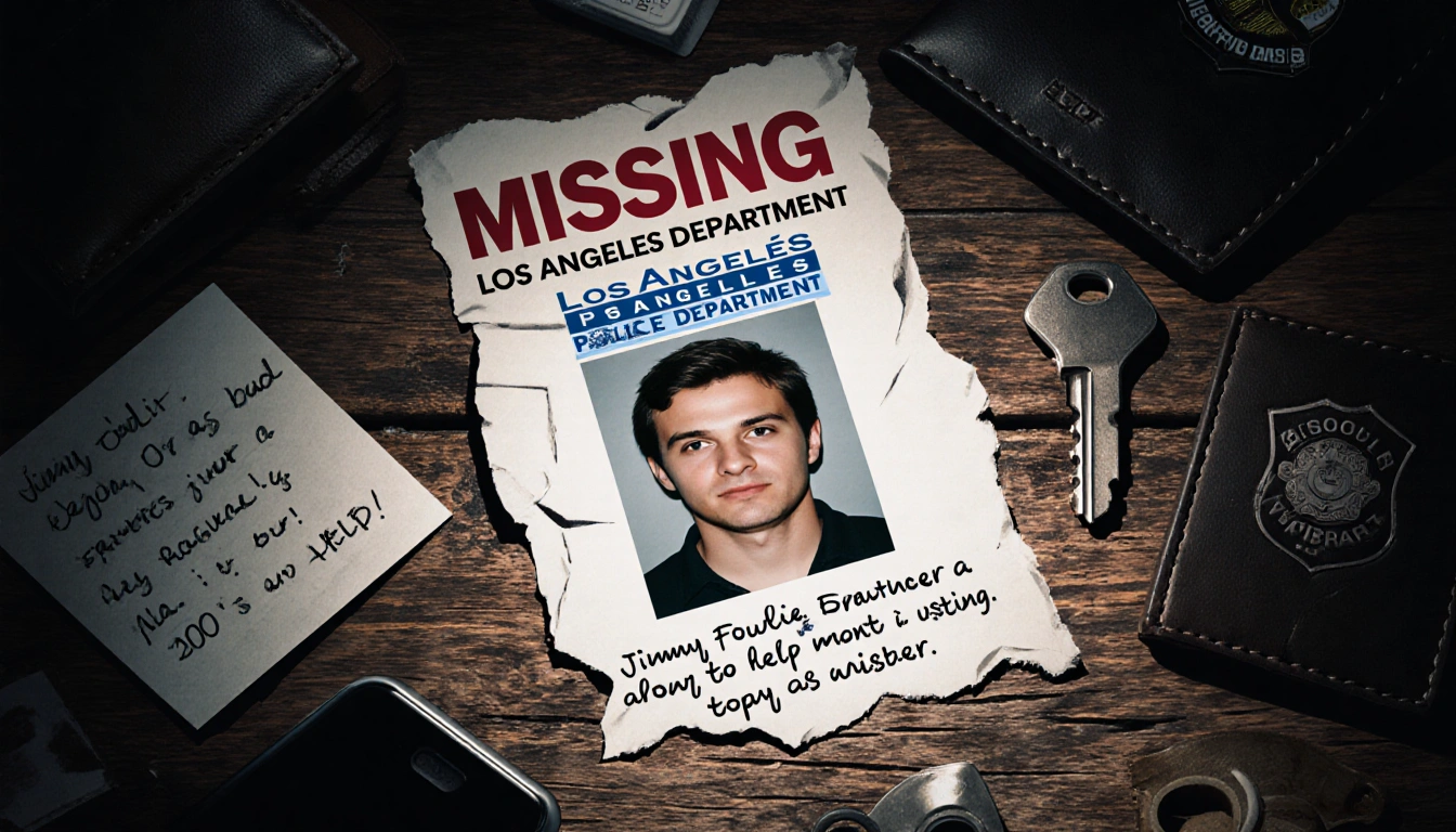 Missing person poster on worn wooden table with torn edges and Jimmy's handwritten plea showing distress