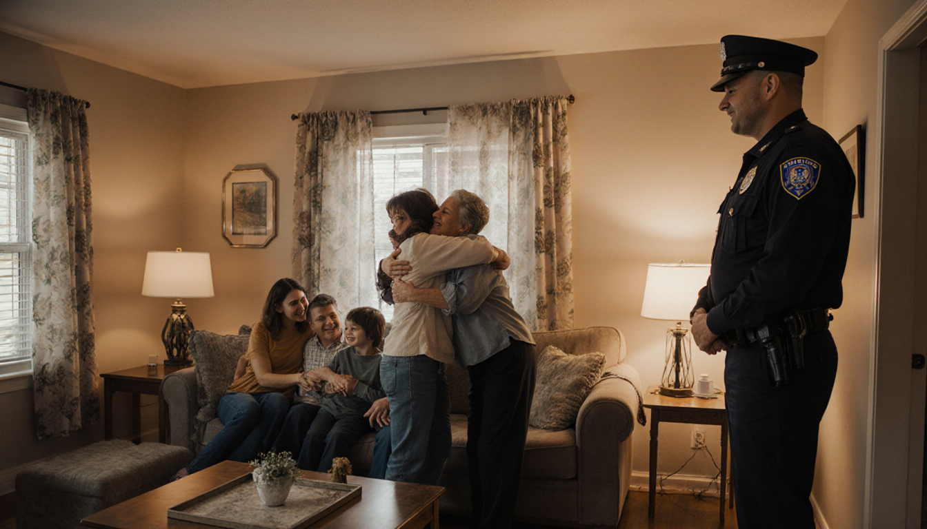 Woman returning home with warm family hugs and police officer watching nearby