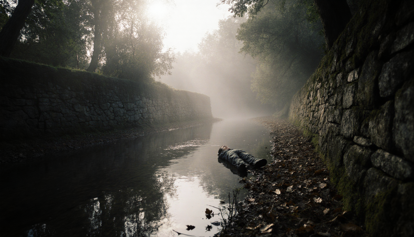 Body lies beside weathered stone wall in misty creek with sunlight filtering through trees.