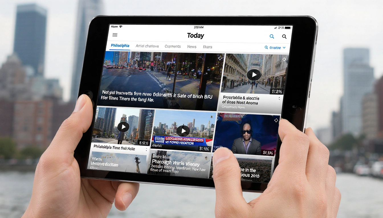 Mobile device showing news app today screen with video thumbnails over blurred cityscape background
