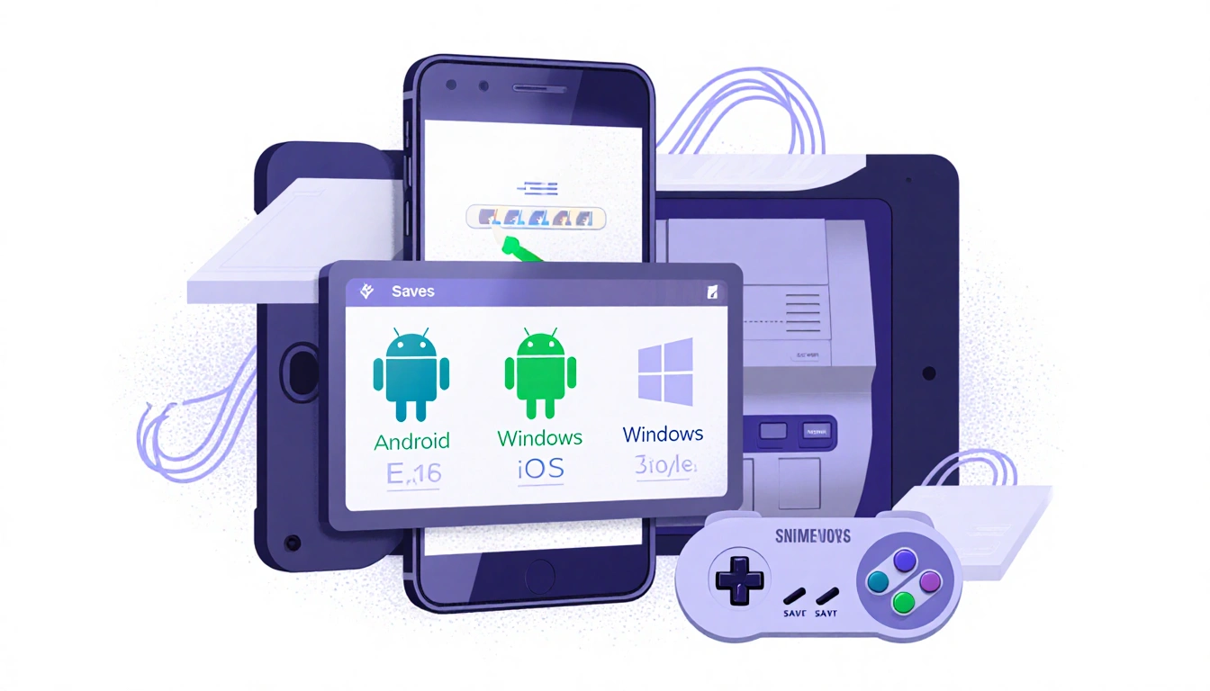Smartphone displaying Android iOS and Windows icons with SNES compatibility and cable background