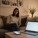 Woman sitting on couch looking at laptop screen with interest rates and phone showing savings app