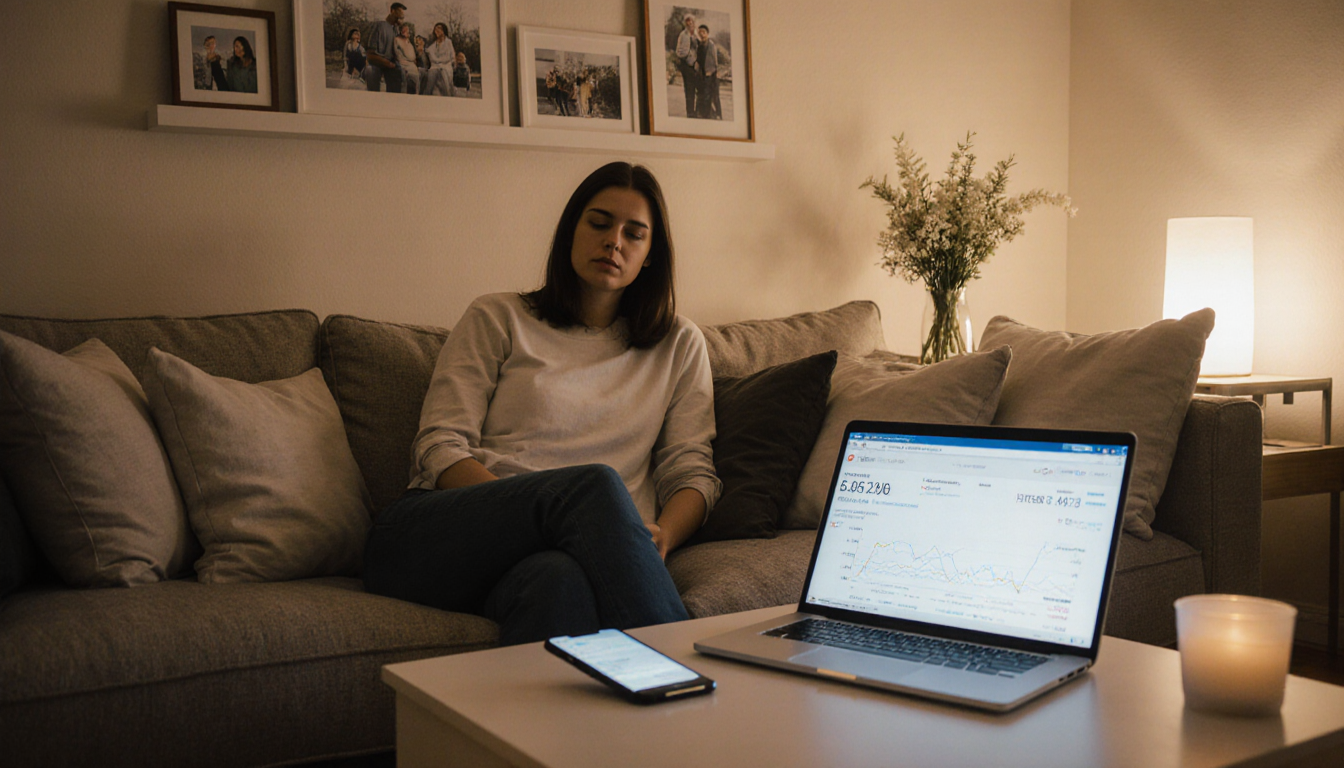 Woman sitting on couch looking at laptop screen with interest rates and phone showing savings app