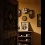 Worn wooden door creaks open revealing a golden-lit room with film reels and a photo of Mohammad Bakri with Palestinian motif