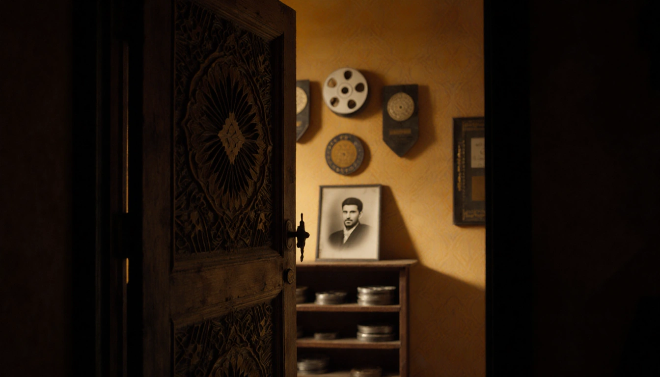 Worn wooden door creaks open revealing a golden-lit room with film reels and a photo of Mohammad Bakri with Palestinian motif