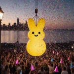 Giant MoonPie hanging from a crane with cheering crowd and confetti during Mobile New Year