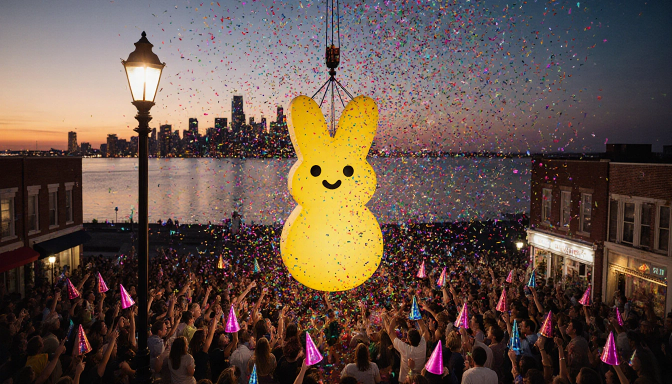 Giant MoonPie hanging from a crane with cheering crowd and confetti during Mobile New Year
