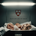 Morgue drawer spilling human body parts with flickering fluorescent light and Harvard logo in background
