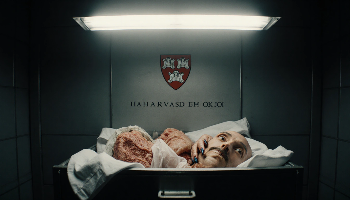 Morgue drawer spilling human body parts with flickering fluorescent light and Harvard logo in background
