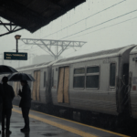 Commuters huddle under umbrellas with misty train cars and raindrops on windows
