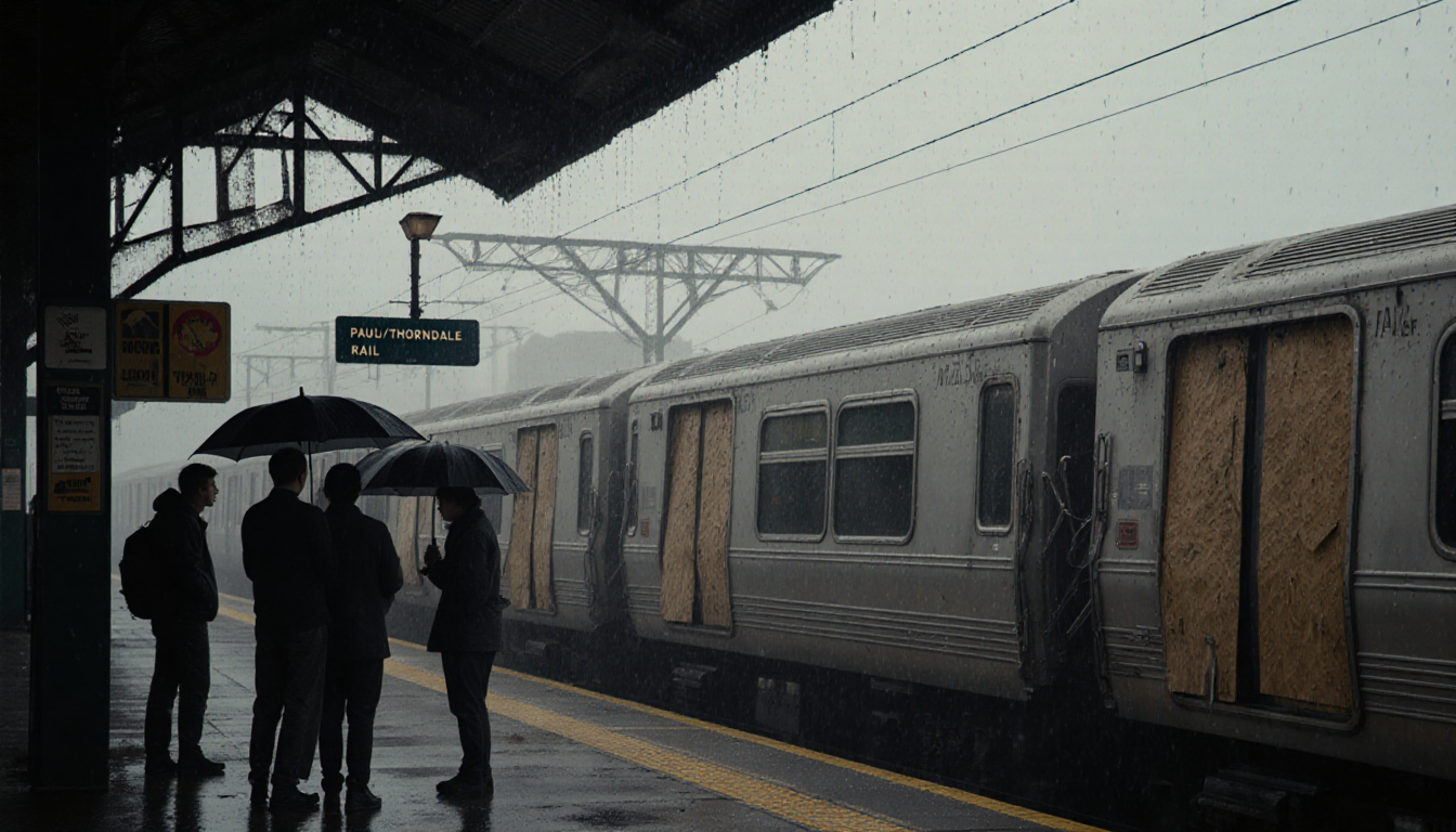 Commuters huddle under umbrellas with misty train cars and raindrops on windows