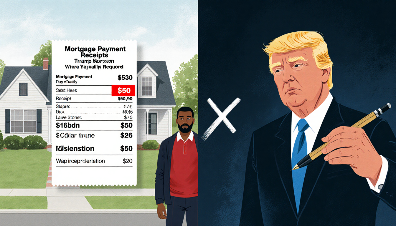 James standing before Norfolk home holding mortgage receipt with $50 in red and a pen with X marking dismissal in background.
