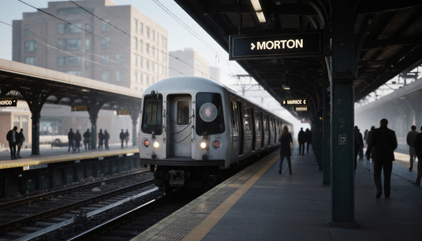 Train awaits departure with open doors and station signage beside blurred commuters