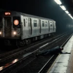 A lone SEPTA train sits idle with a small figure lying on the tracks and fluorescent lights illuminating wet pavement