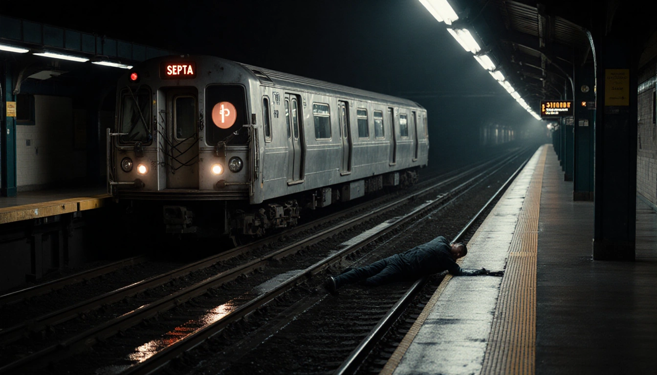 A lone SEPTA train sits idle with a small figure lying on the tracks and fluorescent lights illuminating wet pavement