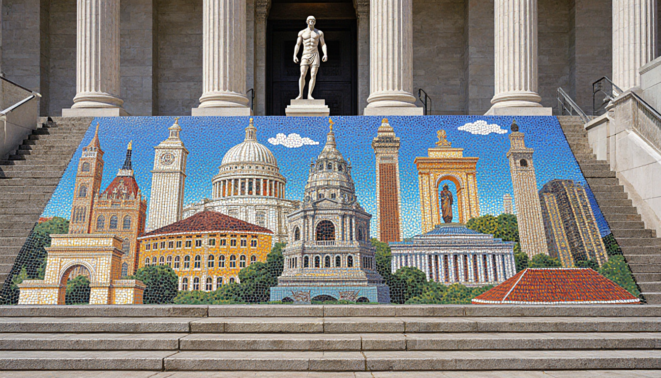 Monuments rise in a vibrant mosaic with stepped staircases and columns hinting at 2000 years of history