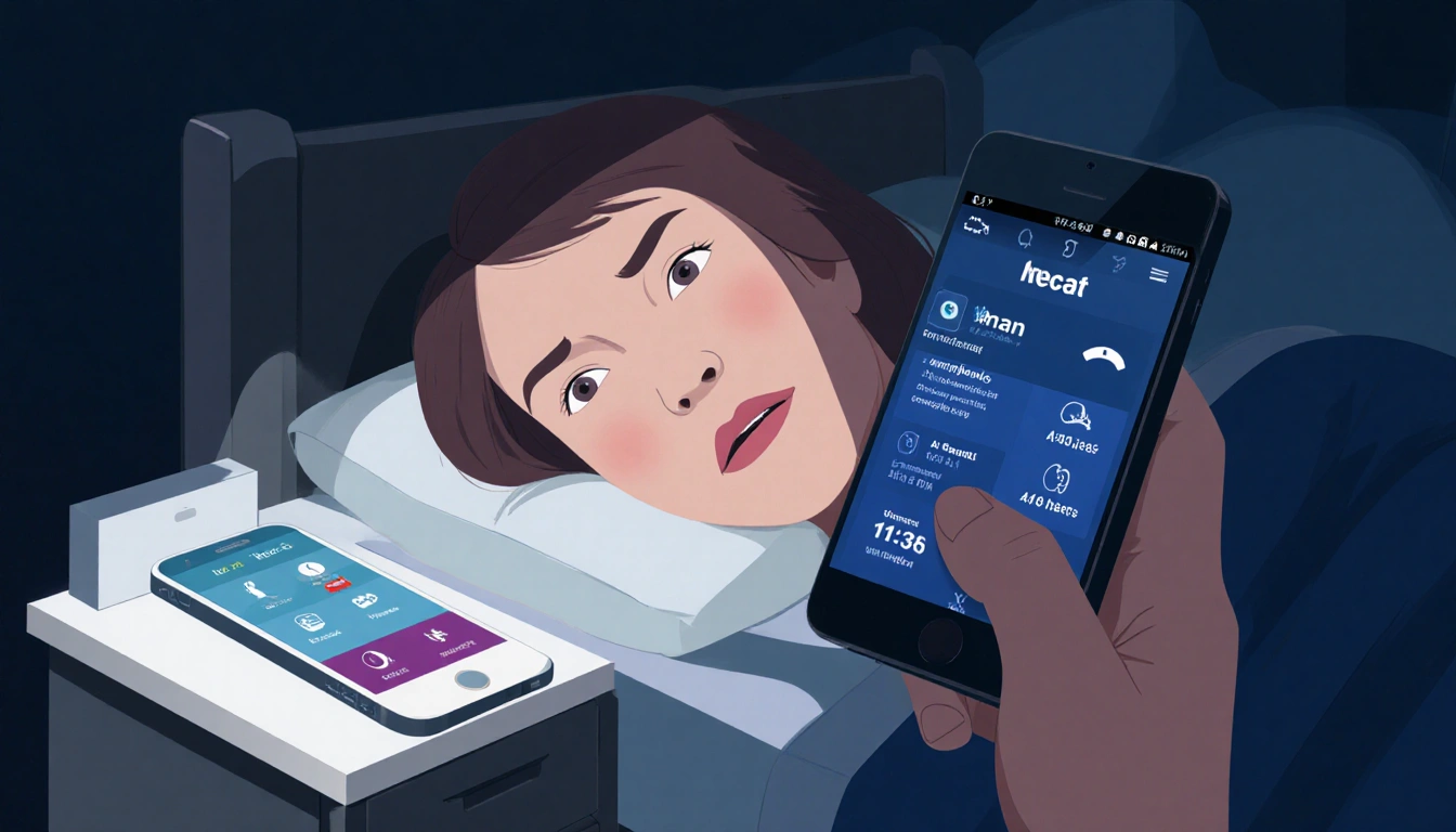 Meredith wakes with eyes on a bedside phone showing missed calls and Van's 11:30 PM time while bedroom shadows loom and alarm