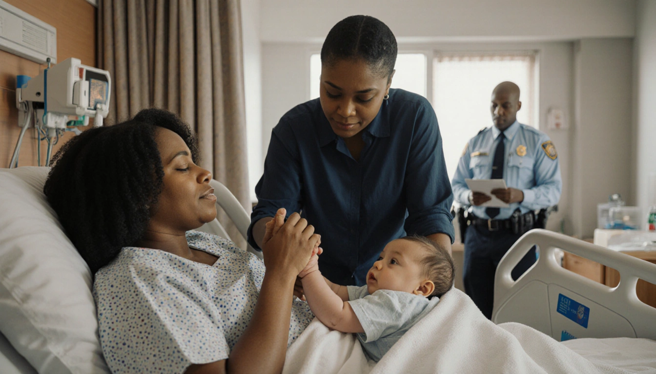 Mother holding baby with relief while sister stands nearby and a detective observes from a corner in a hospital setting.