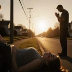 Toddler crying on bench with mother’s lifeless body on ground and father holding hands in suburban street at sunset