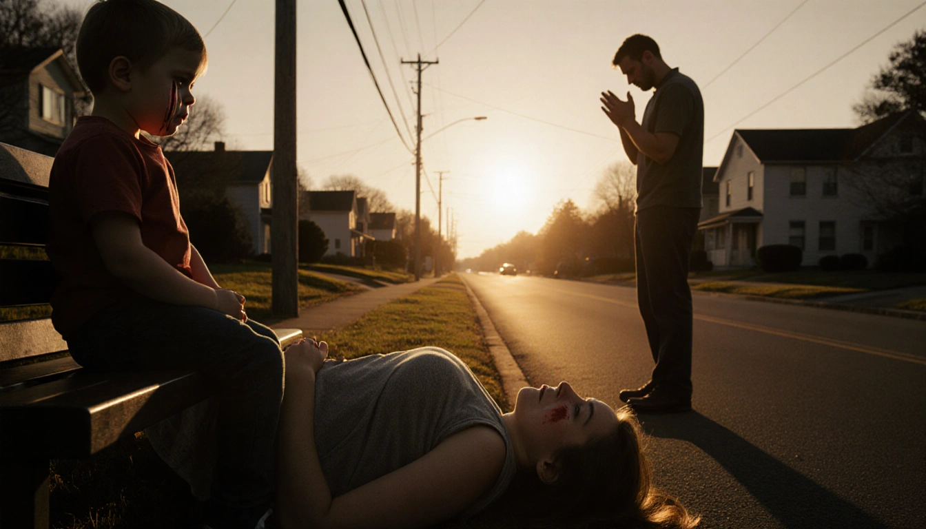 Toddler crying on bench with mother’s lifeless body on ground and father holding hands in suburban street at sunset