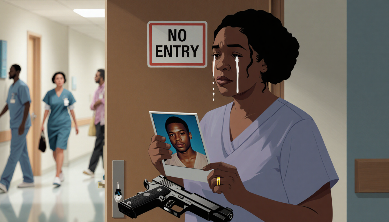 Mother crying while holding a photo with a hospital door and a gun with bullet holes on the floor