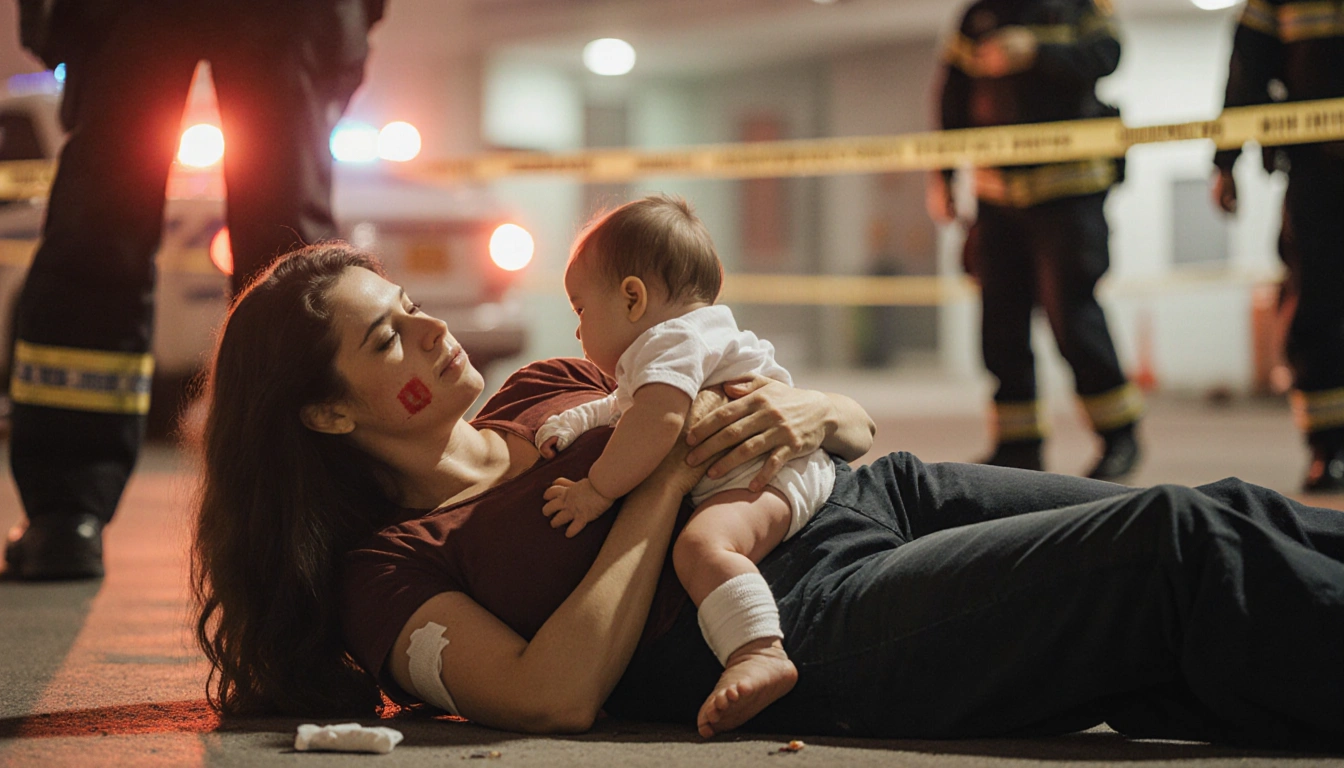 Young mother lying on ground cradling infant with bandaged side and medical equipment nearby