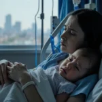 Young mother cradling injured infant daughter with medical tubes and soft blue lighting in a dim hospital room