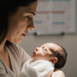 Concerned mother holding her swaddled newborn with light and faint medical chart in background.