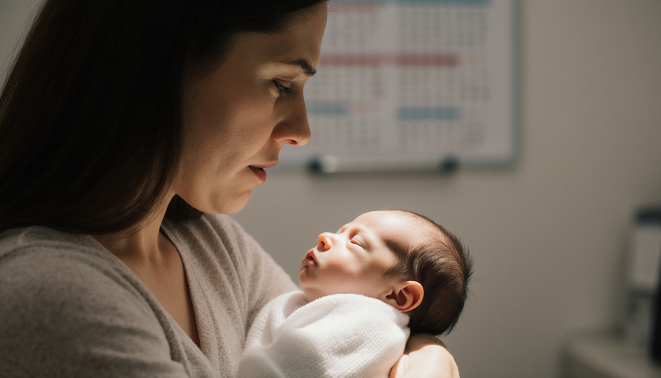 Concerned mother holding her swaddled newborn with light and faint medical chart in background.