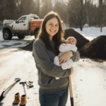 Mother holds newborn and shovel with a proud smile under warm sunlight on a freshly shoveled driveway.