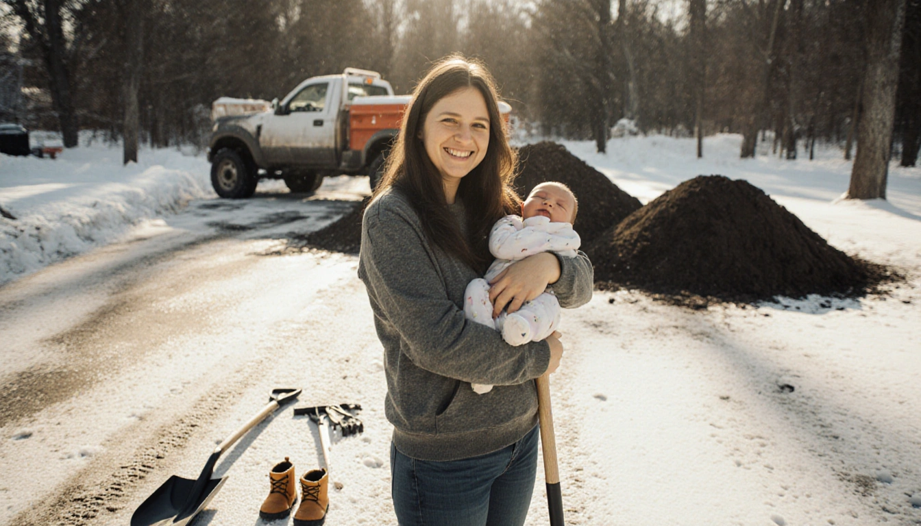 Mother holds newborn and shovel with a proud smile under warm sunlight on a freshly shoveled driveway.