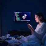 Mother scrolling TikTok late at night with warm lamp glow and scattered clothes on unmade bed