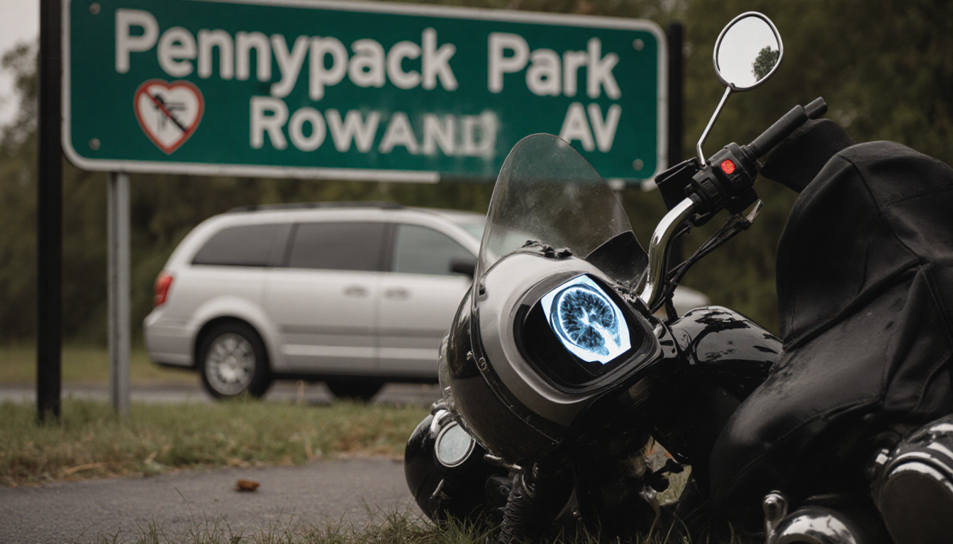Motorcycle lying on ground with helmet askew and faint brain scan on visor near minivan.