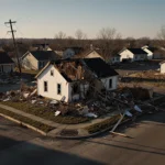 Destroyed house standing amid scattered debris with warm sunlight casting long shadows