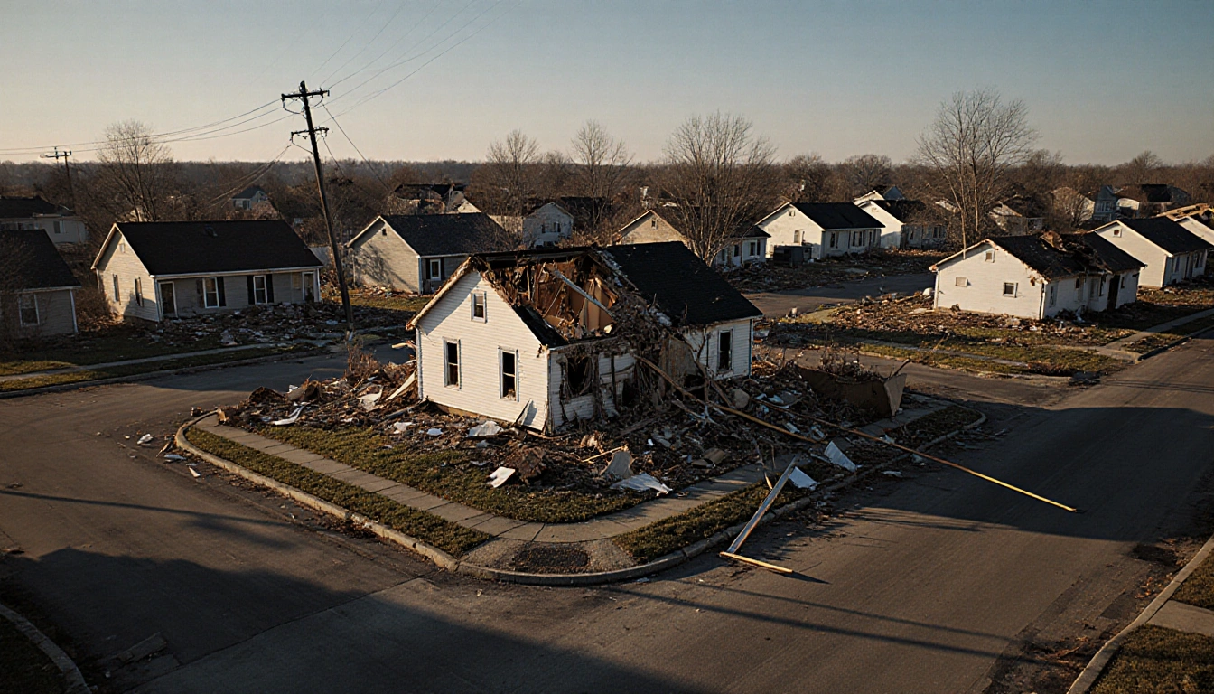 Destroyed house standing amid scattered debris with warm sunlight casting long shadows