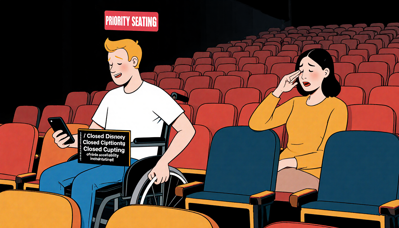 Wheelchair user watches movie with closed captioning on phone in priority seat while deaf person sits beside frustrated