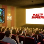 Crowded movie theater buzzing with fans watching a huge Avatar 3 poster and indie tickets under golden light