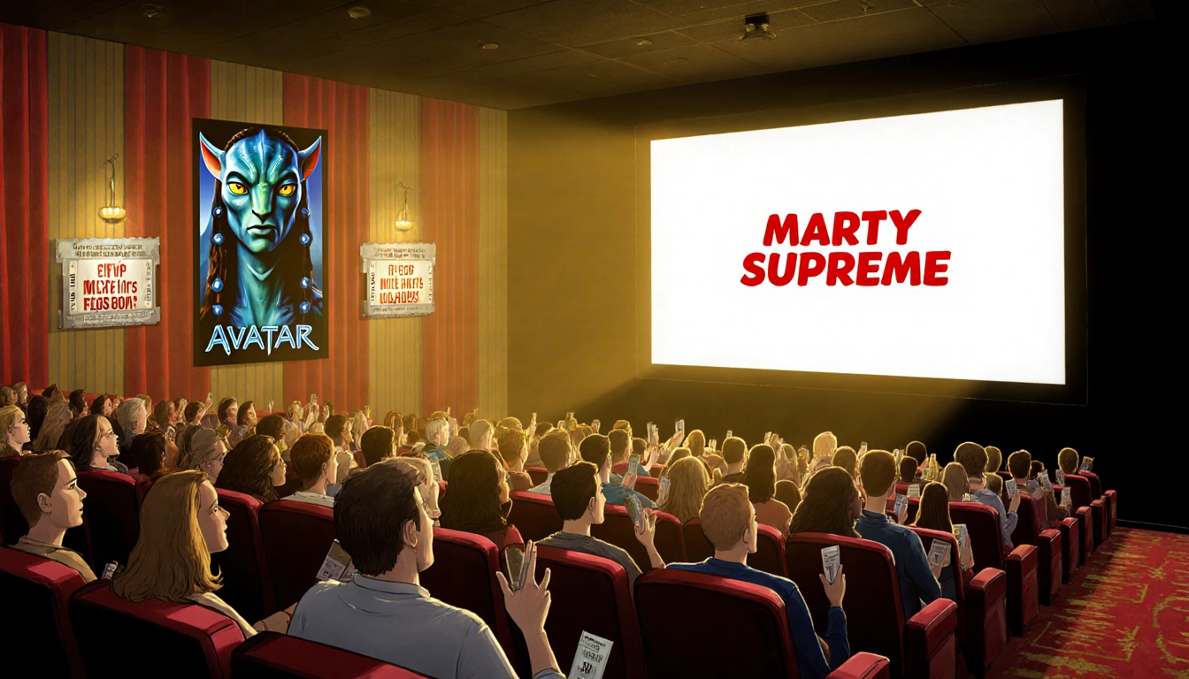 Crowded movie theater buzzing with fans watching a huge Avatar 3 poster and indie tickets under golden light