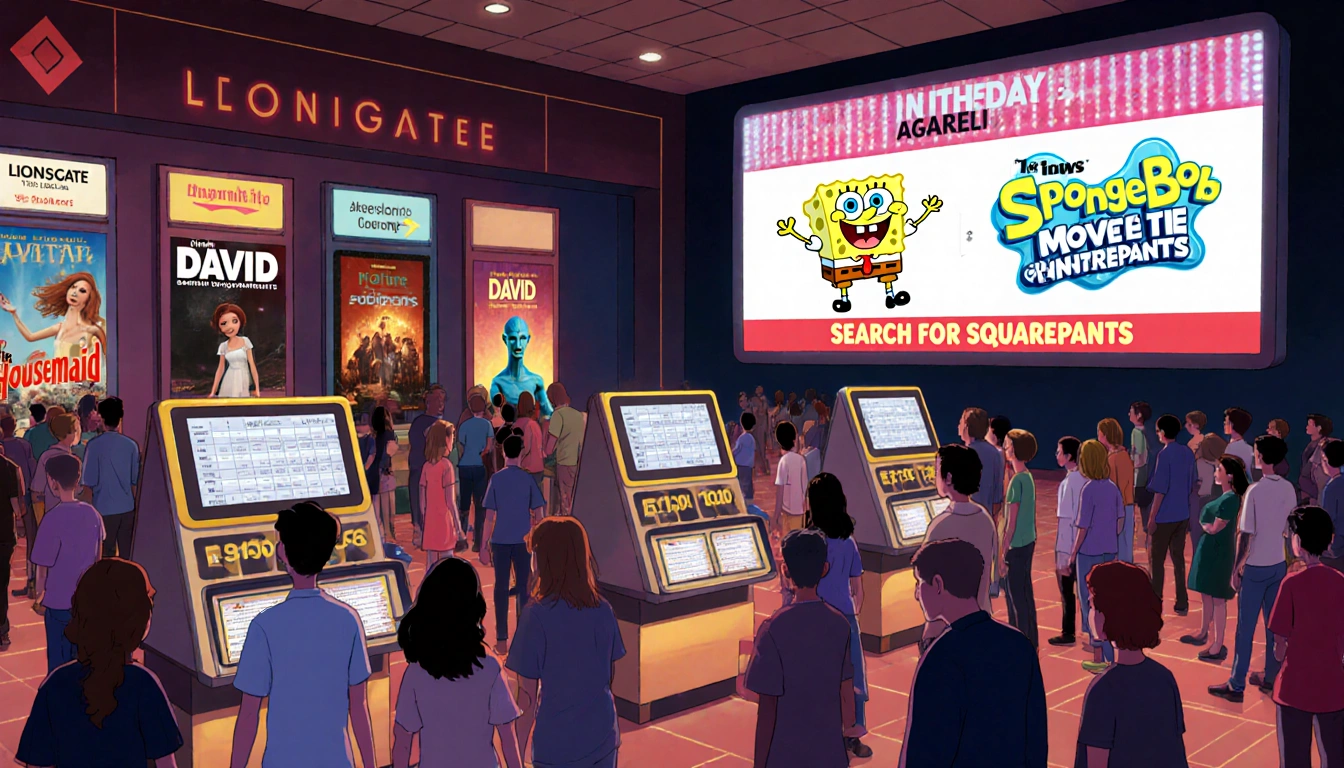 Crowded theater lobby bustling with ticket counters showing film titles and screens flashing box office results.