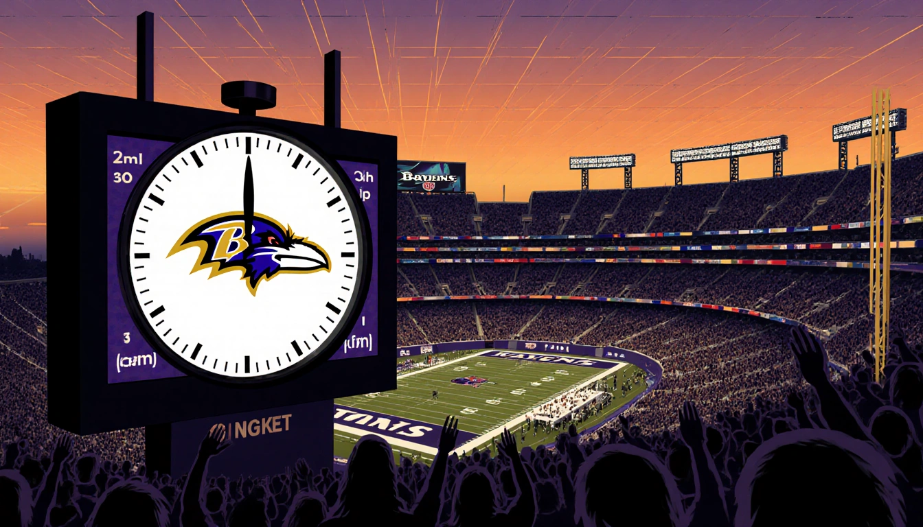Stadium lights illuminate packed seats with sunset sky and Ravens logo on scoreboard