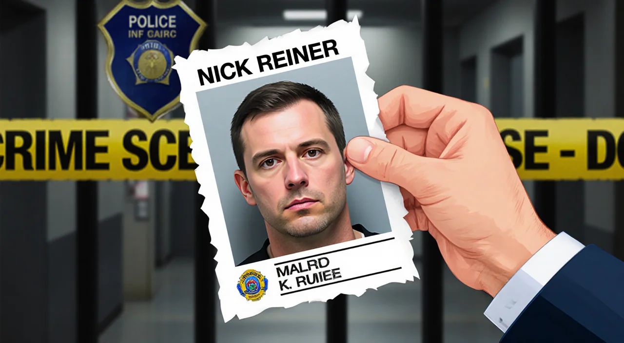 Police officer's hand holds a mugshot printout with Nick Reiner's face with jail cell background tape.