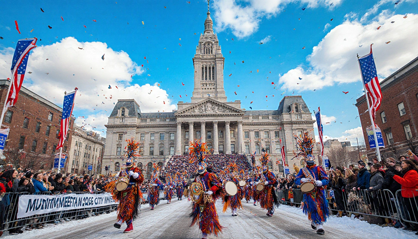 Revelers dancing near City Hall with ornate Mummers costumes and bright winter sky.