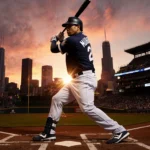 Munetaka Murakami stands at the plate with bat balanced under sunset glow and cheering White Sox fans in stadium background