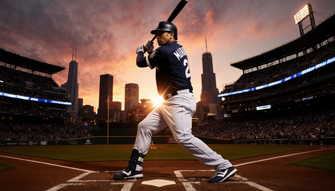 Munetaka Murakami stands at the plate with bat balanced under sunset glow and cheering White Sox fans in stadium background