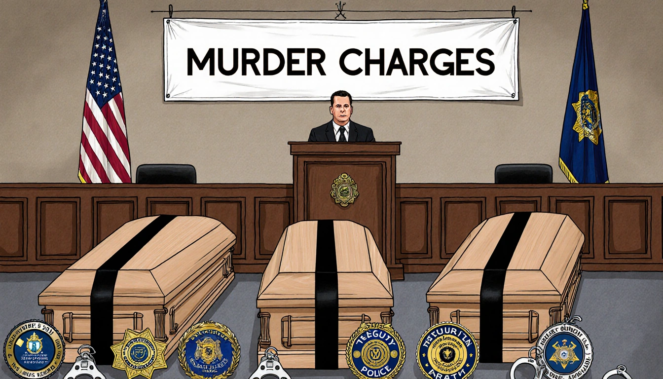 Three coffins sit on wooden table with police badges and handcuffs beneath a courtroom banner reading Murder Charges.