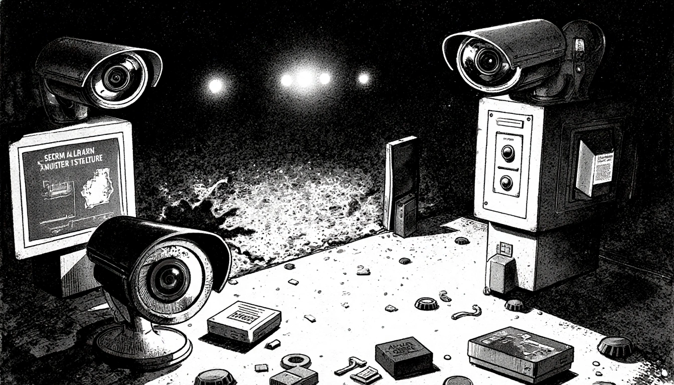 Damaged security cameras illuminate empty break‑in point with faint light and scattered alarm screens.