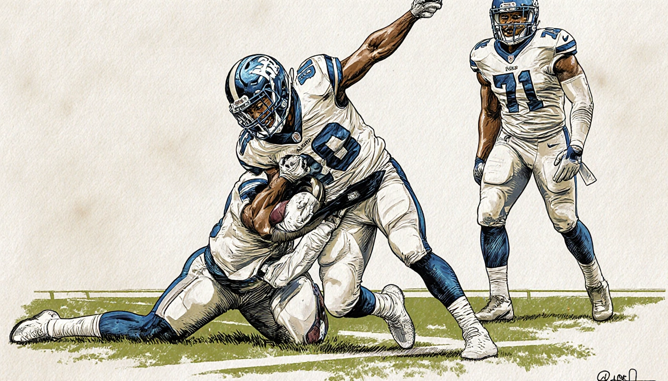 Nakobe Dean tackles an opponent at the line of scrimmage with arms while Jordan Davis watches on a football background