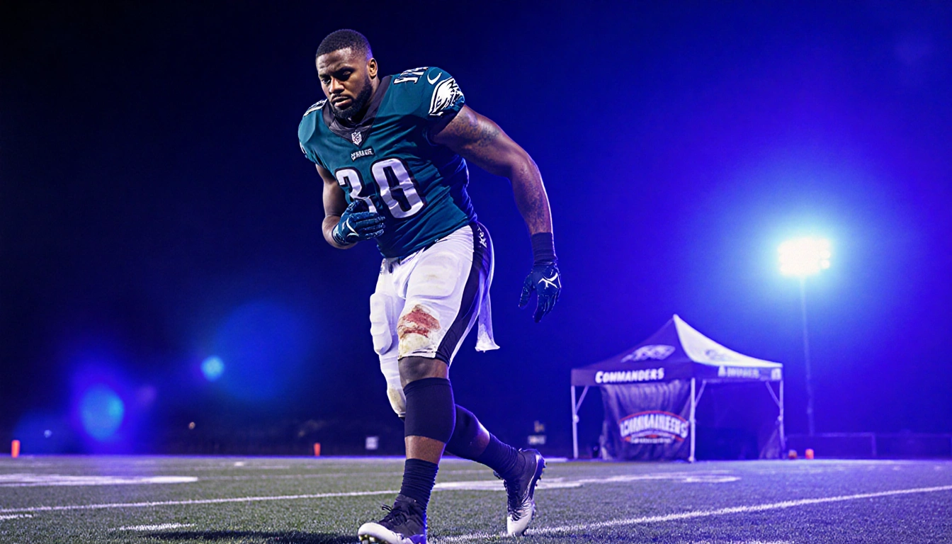 Nakobe Dean hobbling off the football field with an injured hamstring and the Eagles logo on his jersey