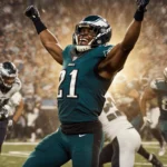 Nakobe Dean celebrates with arms raised and a grin while jersey 21 shines over chaotic Eagles defenders